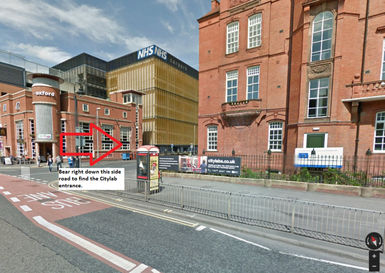 View of CityLabs, as shown on Google Street View coming from South Manchester up Oxford Road