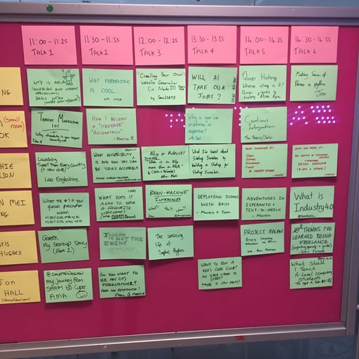 Talk Track Grid with index cards with talk names on